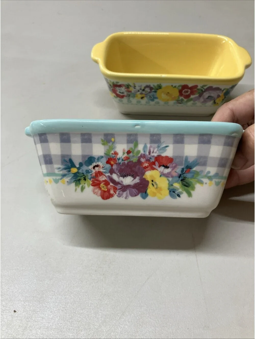 The Pioneer Woman Mini Loaf Pans Ceramic Set of 2 Floral Yellow Teal Stoneware